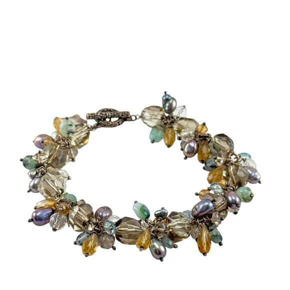 Vintage Multi Gemstone Cluster Bracelet Citrine Quartz Pearl Sterling Silver - Picture 2 of 8
